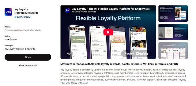 Joy Rewards & Loyalty Program listing in the Shopify App Store, rated 4.9 from 1,703 reviews with a free plan