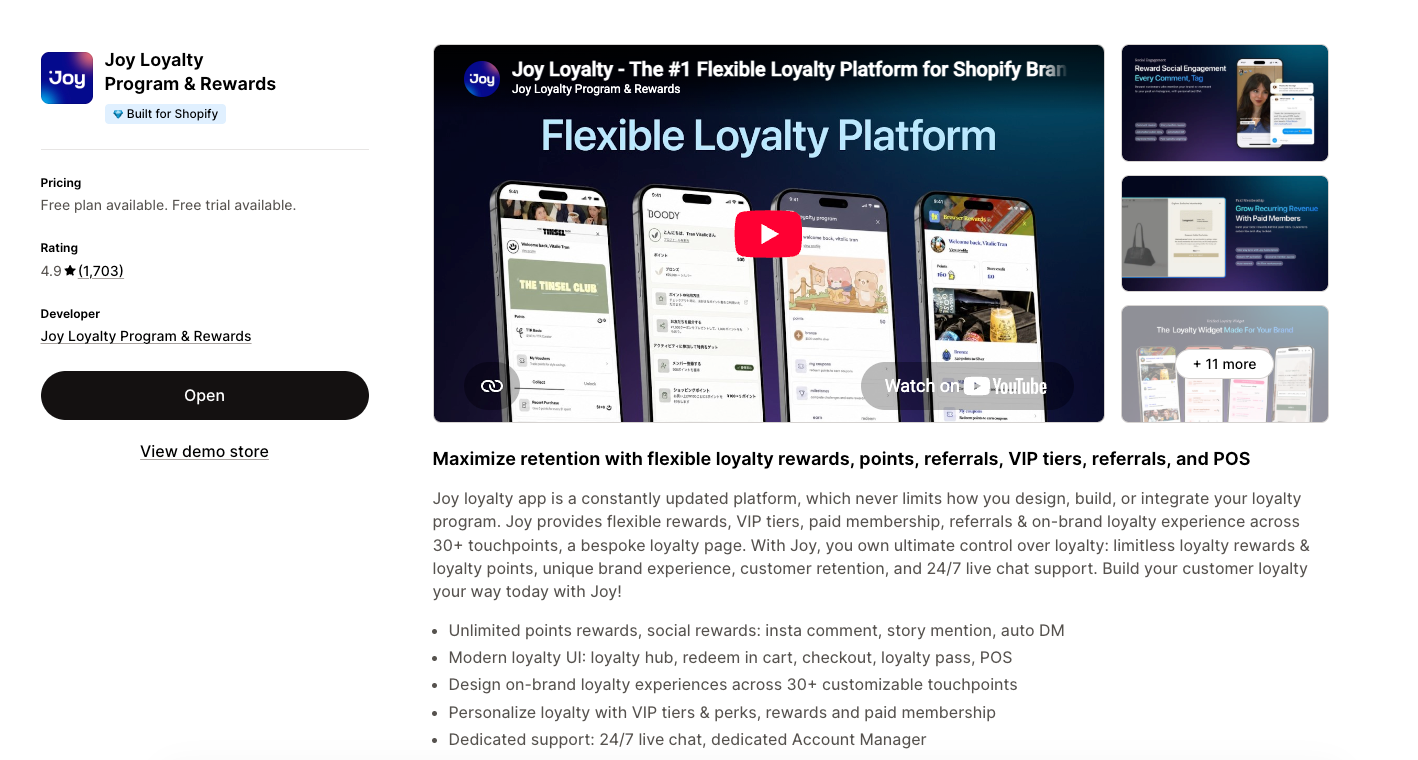 Joy Loyalty Program & Rewards on the Shopify App Store, free plan, 4.9 stars from 1,703 reviews