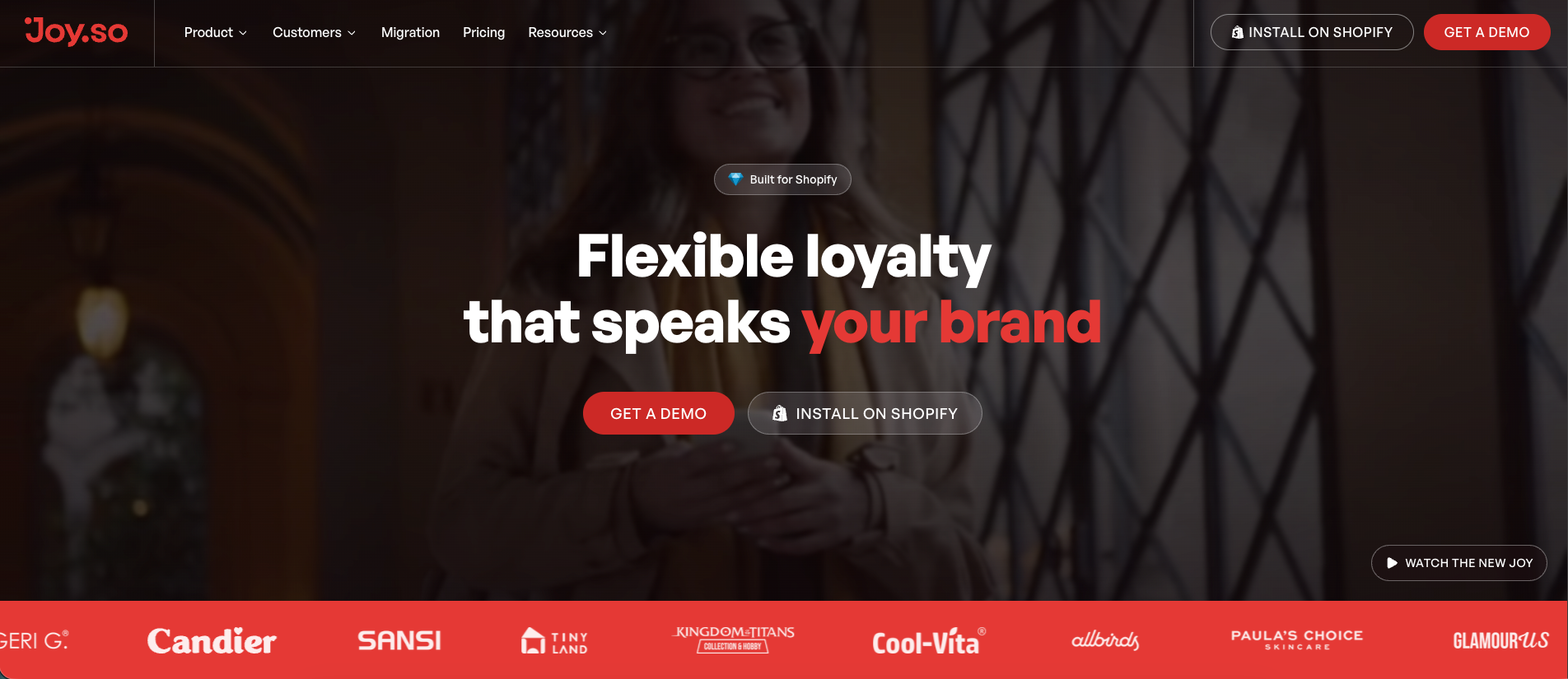 Joy.so homepage hero, Flexible loyalty that speaks your brand, with customer logo strip