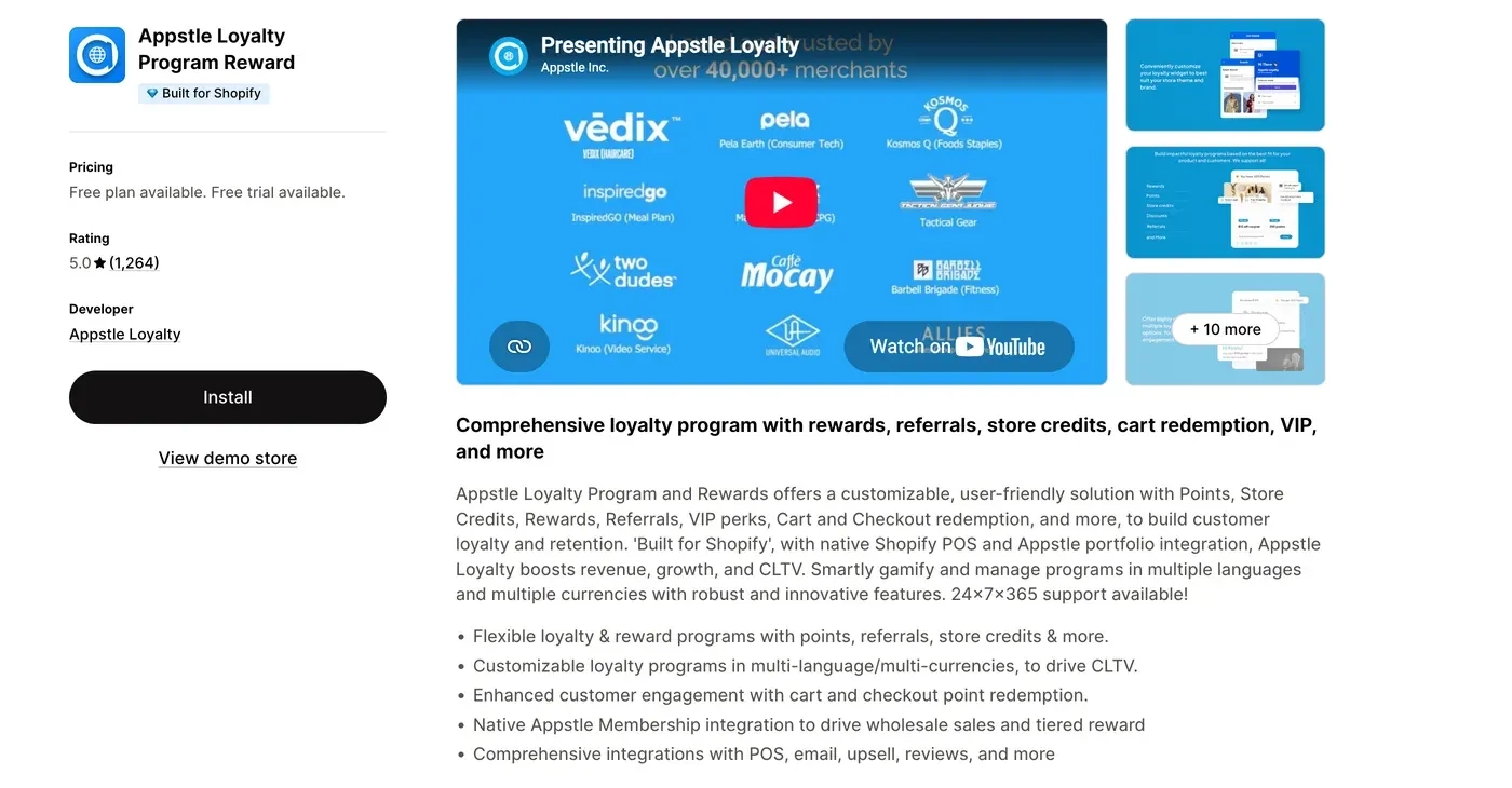 Appstle Loyalty & Rewards app listing on the Shopify App Store