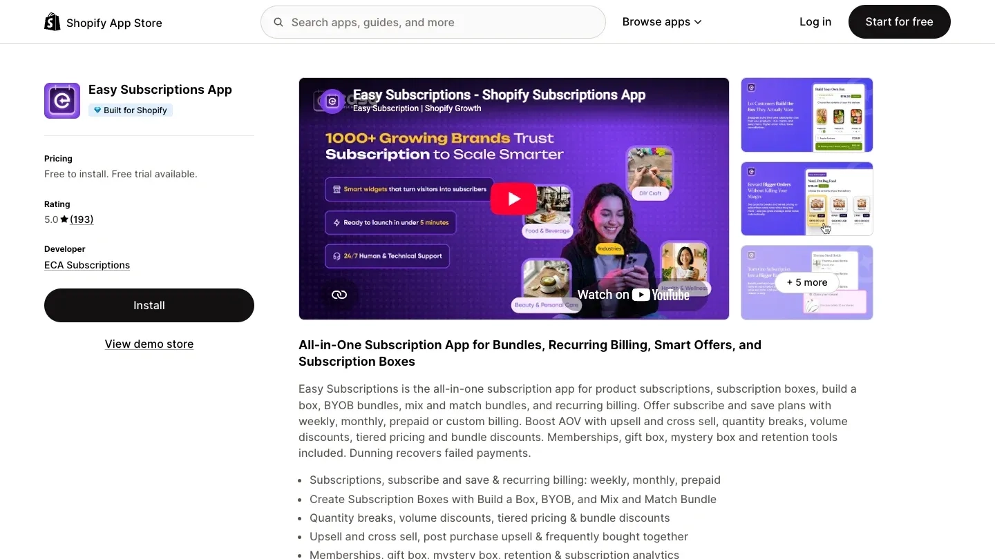 Easy Subscriptions App listing on the Shopify App Store showing a 5.0 rating from 193 reviews and free-to-install pricing