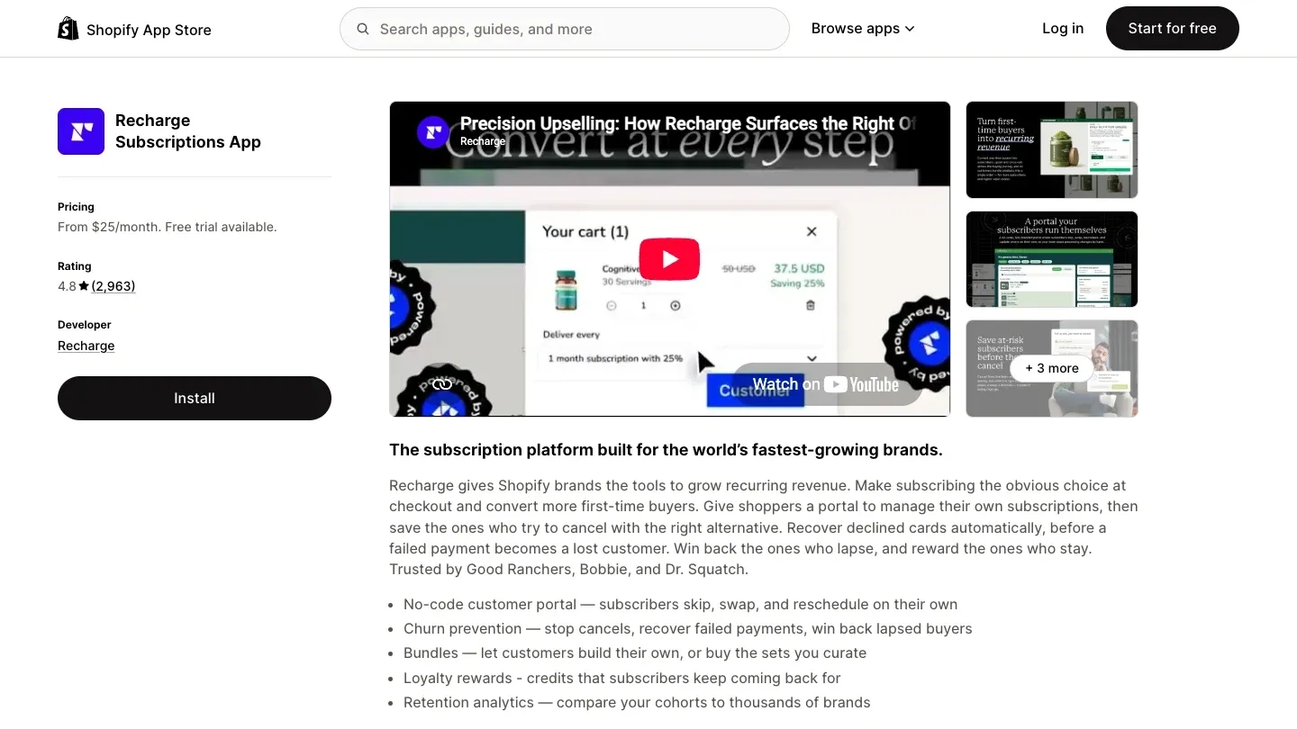 Recharge Subscriptions app listing on the Shopify App Store showing 4.8 rating, pricing from $25/month, and Install button