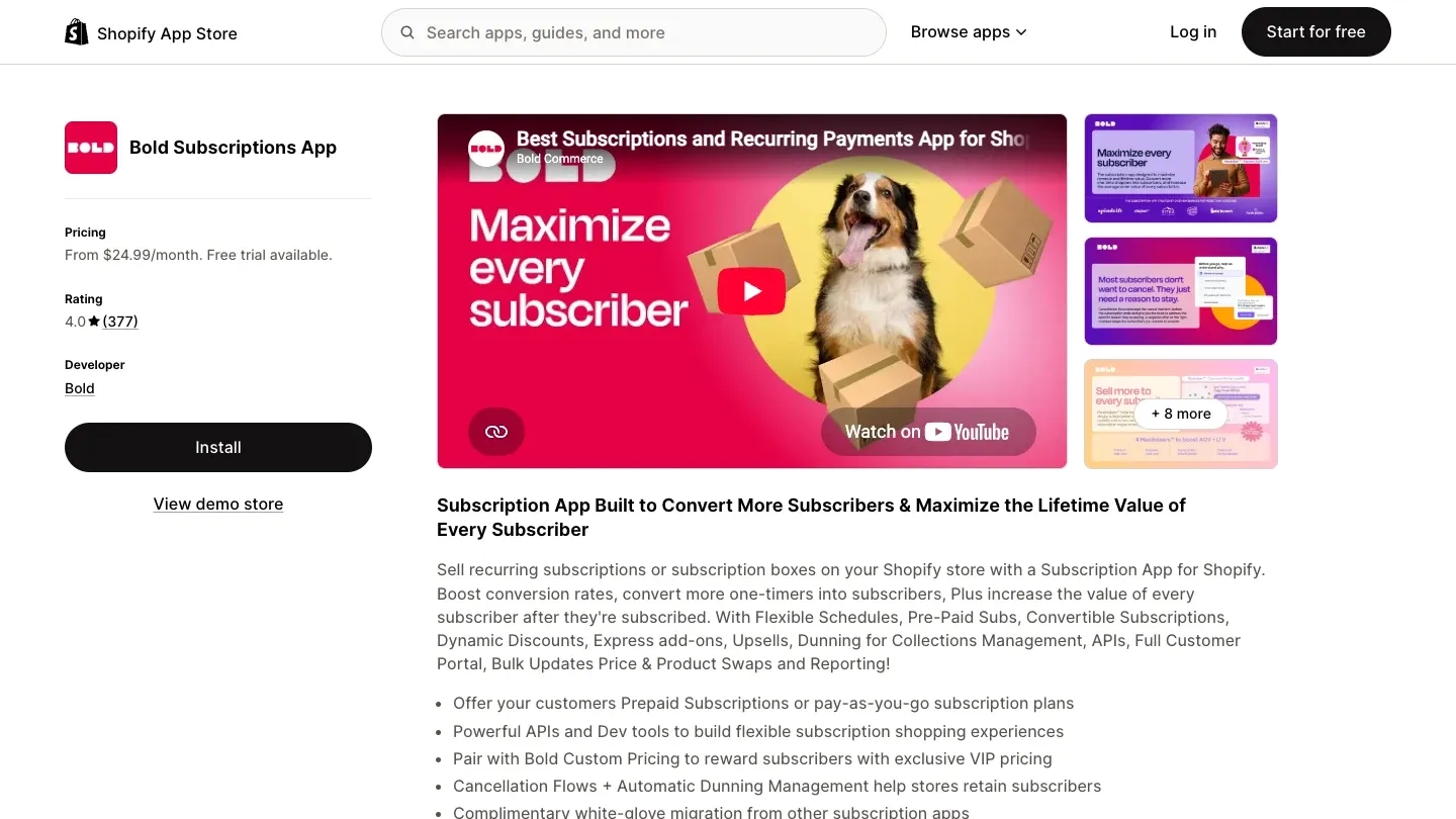 Bold Subscriptions App listing on the Shopify App Store showing pricing from $24.99/month and a 4.0 rating
