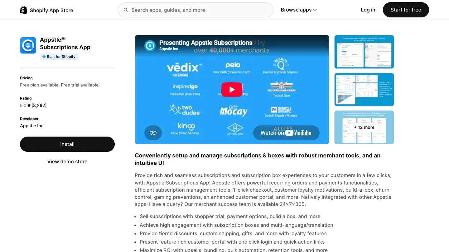 Appstle Subscriptions App listing on the Shopify App Store showing a 5.0 rating and Built for Shopify badge