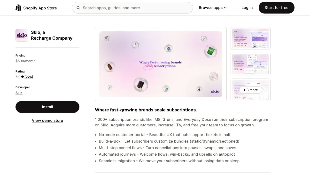 Skio subscriptions app listing on the Shopify App Store showing a 5.0 rating, $599/month pricing, and Install button