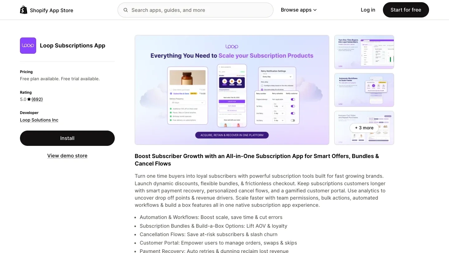 Loop Subscriptions App listing on the Shopify App Store with 5.0 rating, free plan, and subscription feature gallery