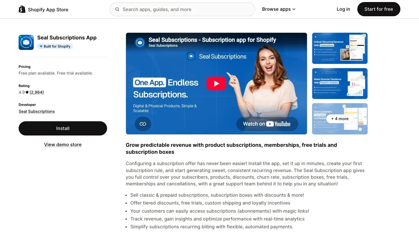 Seal Subscriptions app listing on the Shopify App Store showing its 4.9 rating, free plan, and subscription features
