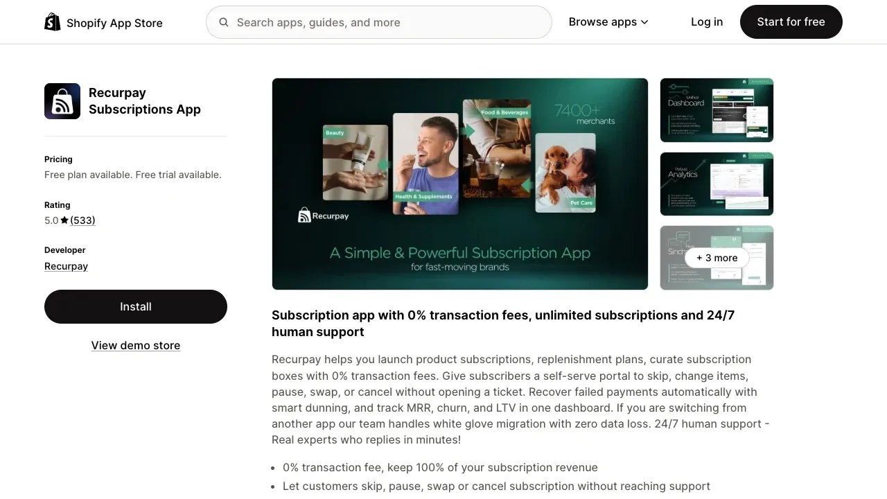 Recurpay Subscriptions App listing on the Shopify App Store showing a 5.0 rating from 533 reviews and free plan pricing