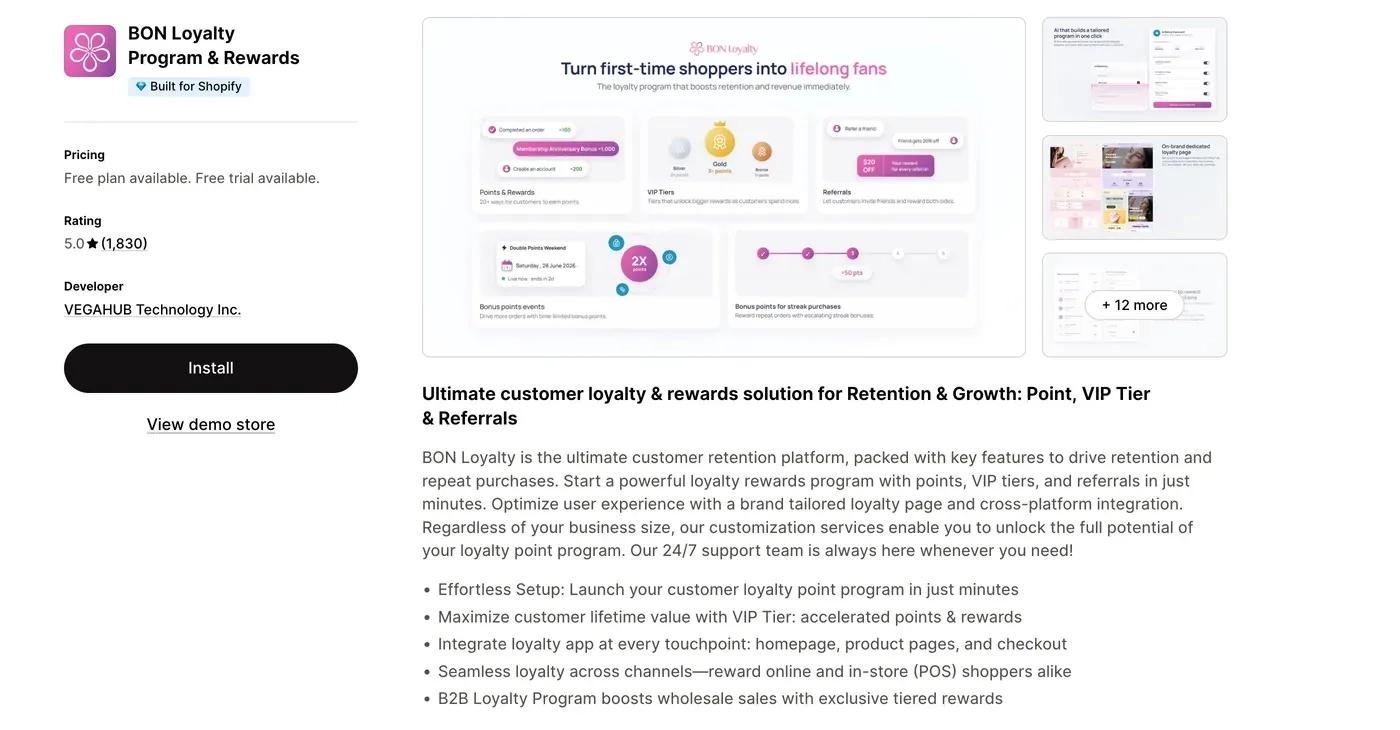 BON: Loyalty Rewards Referrals app listing on the Shopify App Store