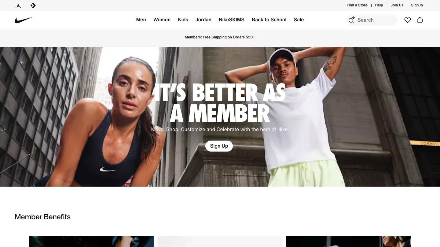 Nike Membership landing page with the It's Better as a Member headline, sign-up button, and member benefits section