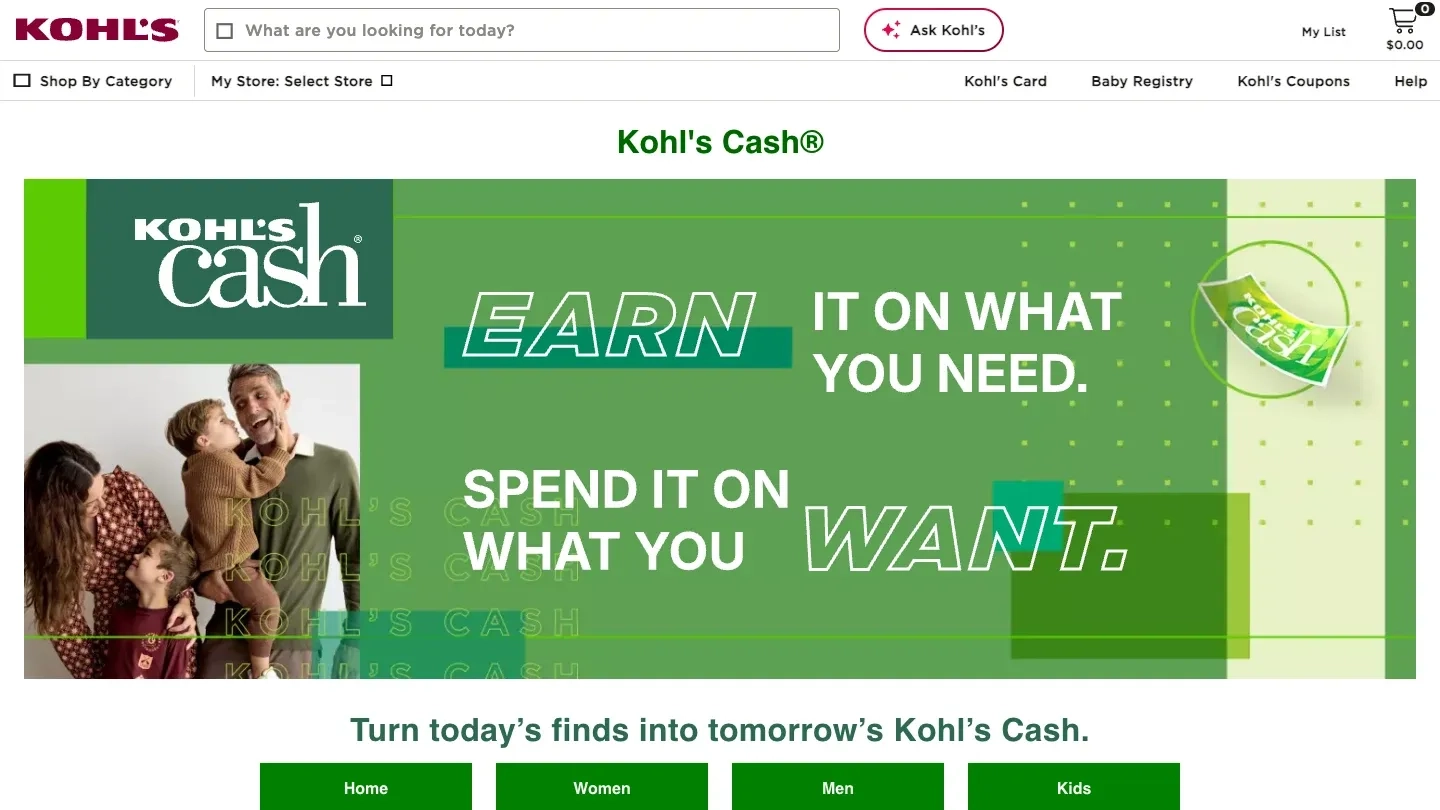 Kohl's Cash page on kohls.com with a green banner reading earn it on what you need, spend it on what you want