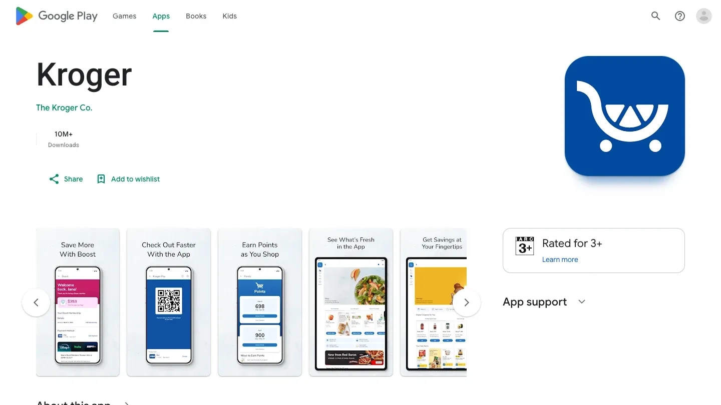Kroger app on Google Play with screens for Boost membership savings and earning fuel points