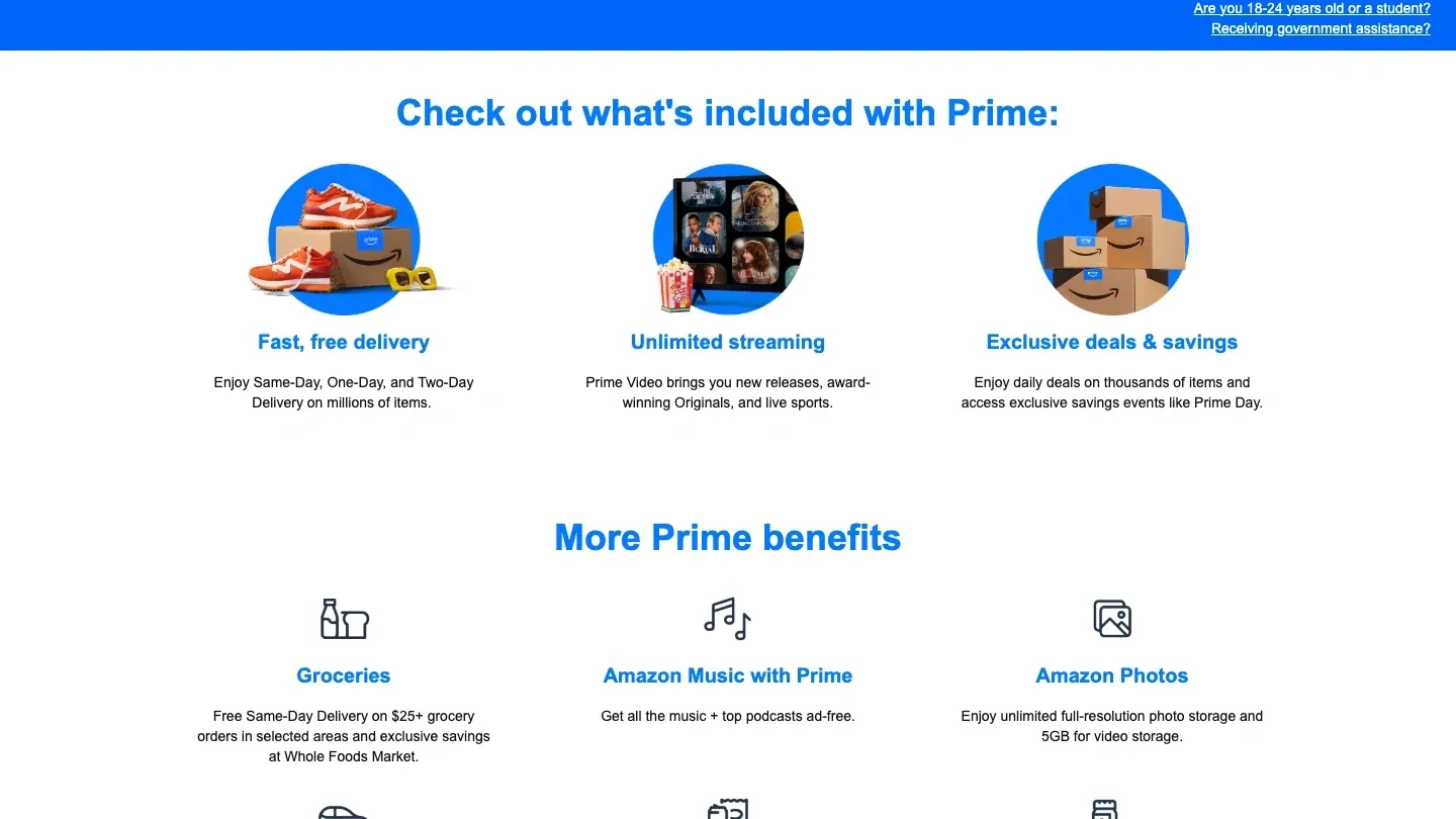 Amazon Prime benefits page listing fast free delivery, unlimited streaming, exclusive deals, groceries, and Amazon Music