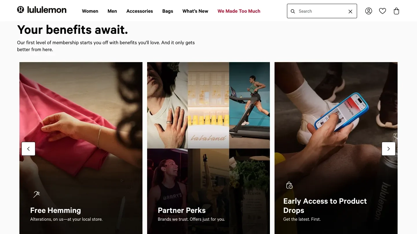 Lululemon membership benefits page showing Free Hemming, Partner Perks, and Early Access to Product Drops perks