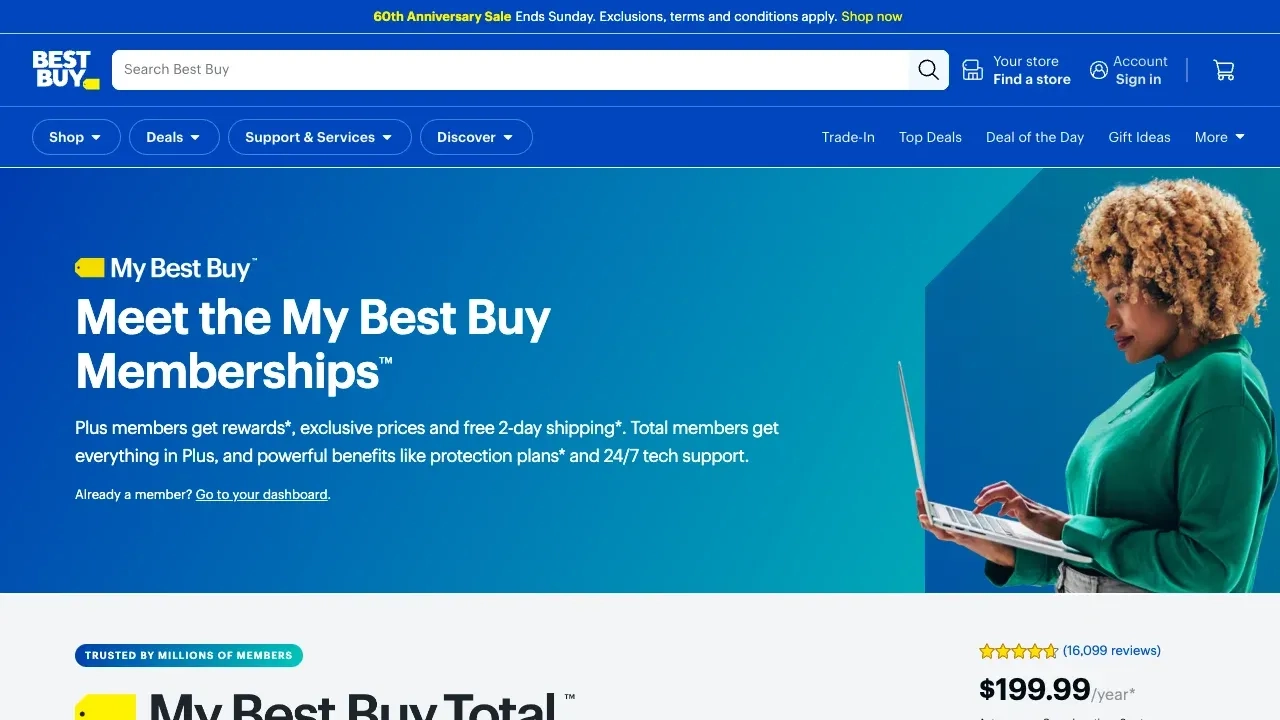 Best Buy page introducing My Best Buy Memberships, with Plus and Total tiers and $199.99 per year Total pricing