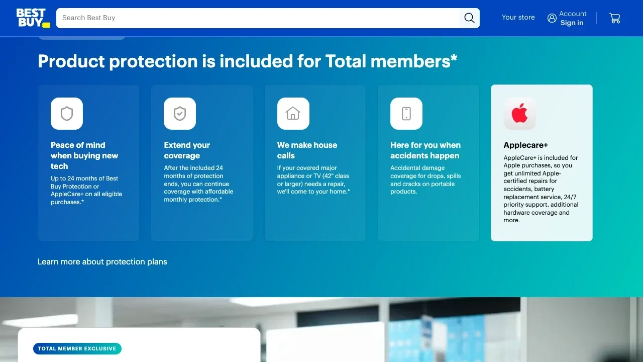 Best Buy page listing product protection benefits included for My Best Buy Total members, including AppleCare+