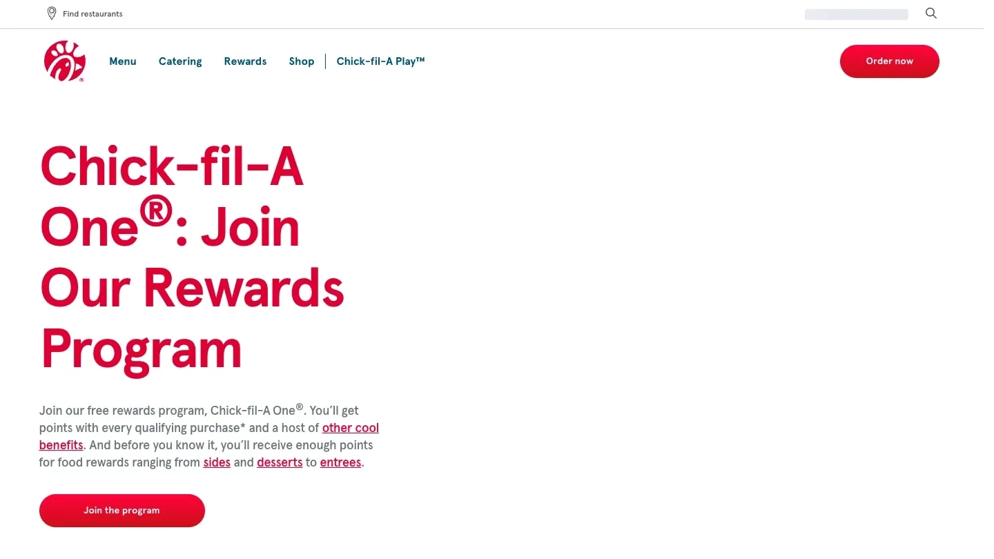 Chick-fil-A One rewards program page inviting customers to join and earn points on qualifying purchases