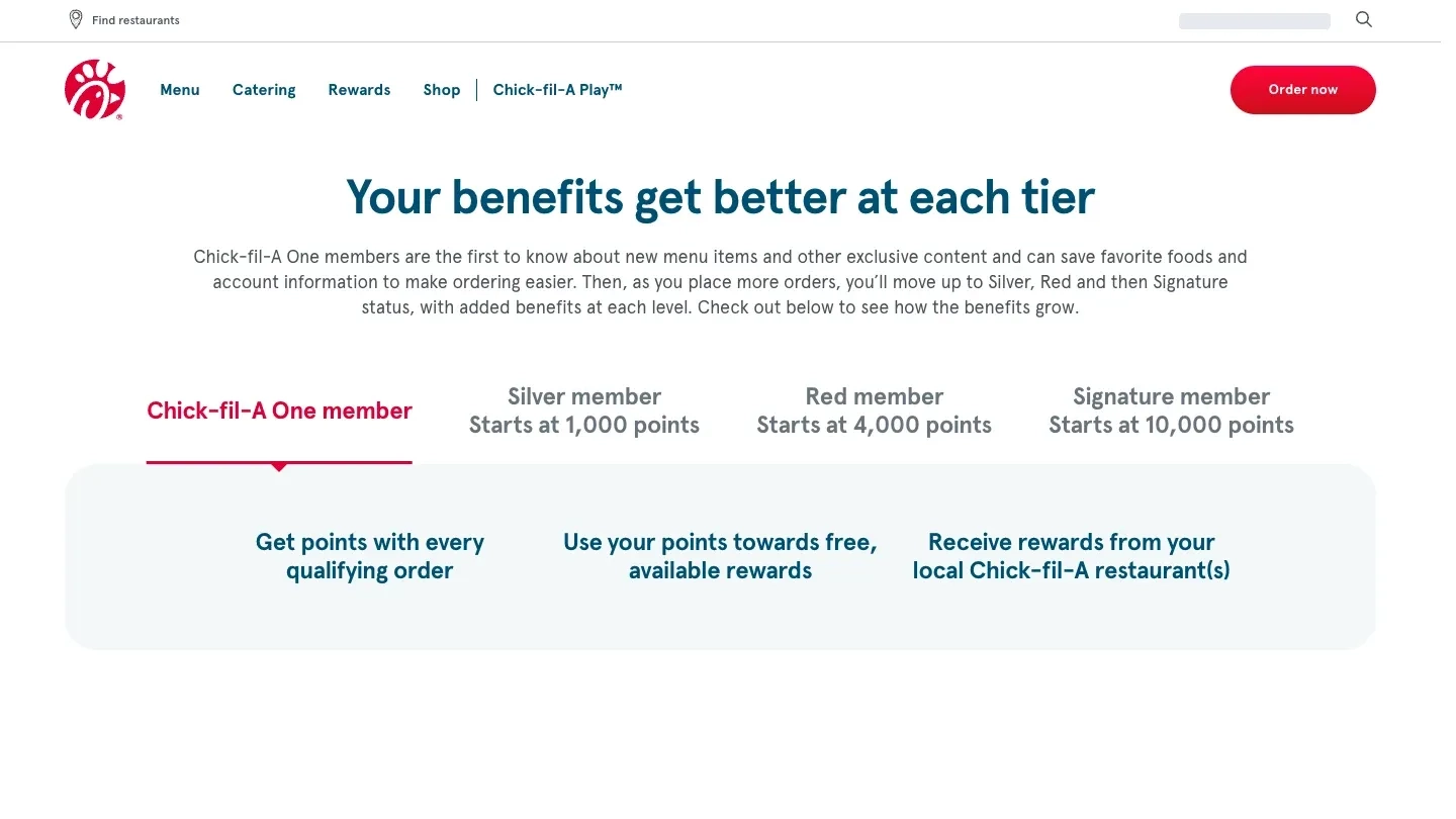 Chick-fil-A One membership tiers showing Silver, Red, and Signature member levels with points required for each