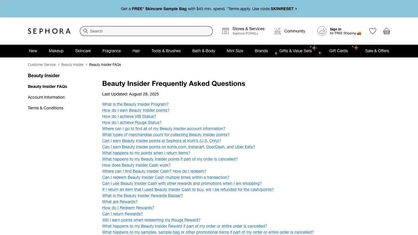 Sephora Beauty Insider program page listing points, VIB and Rouge status, and rewards FAQs