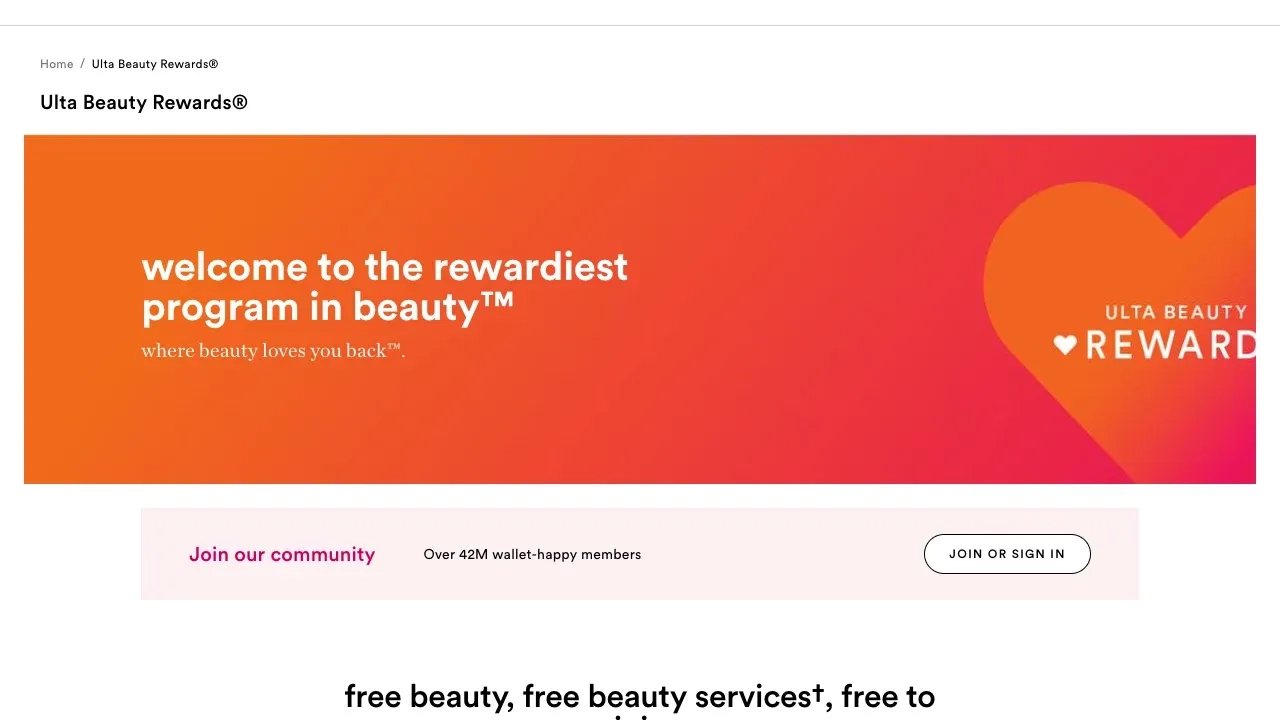 Ulta Beauty Rewards page with orange hero banner reading welcome to the rewardiest program in beauty