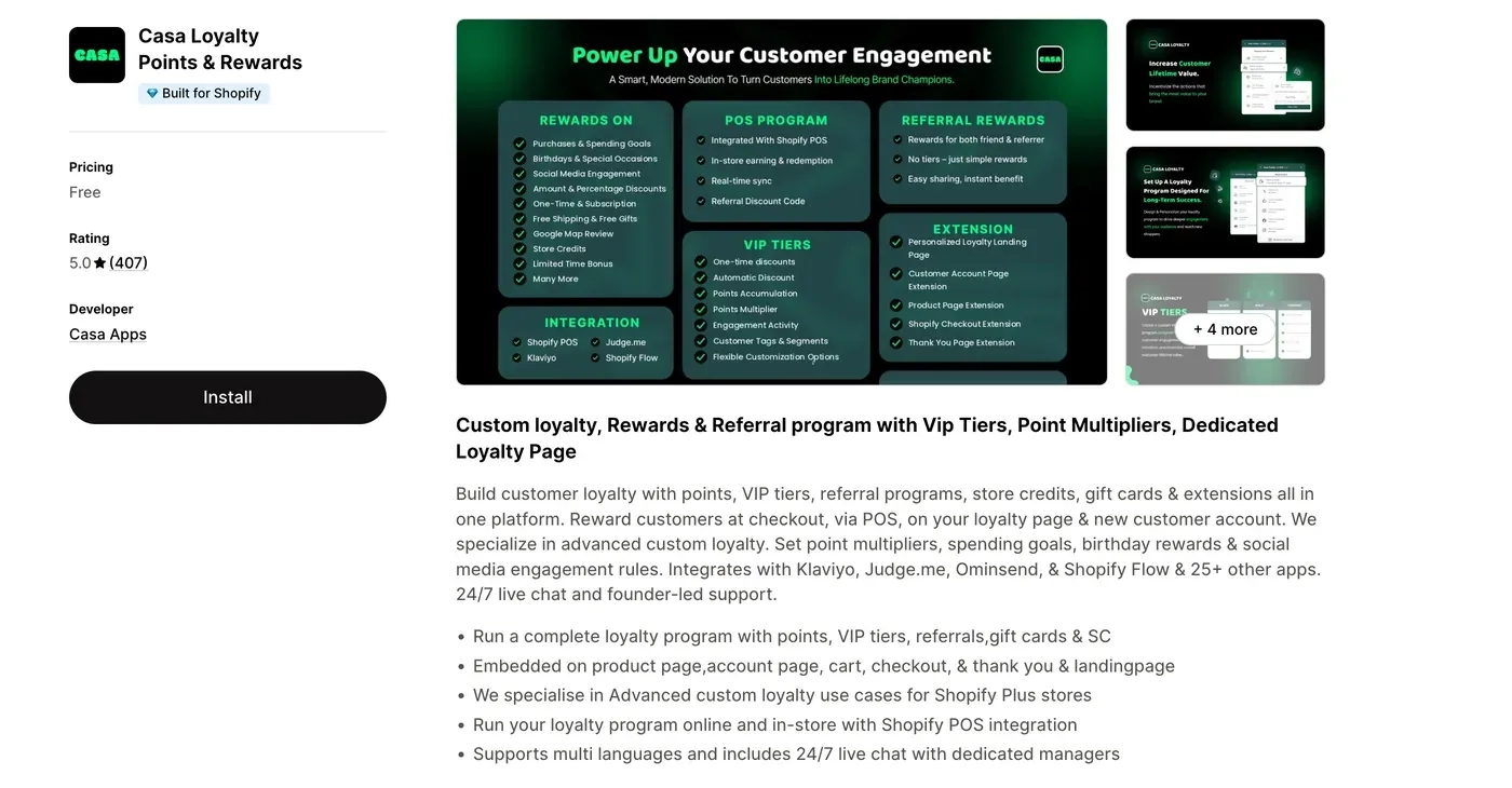Casa Loyalty Points & Rewards app listing on the Shopify App Store