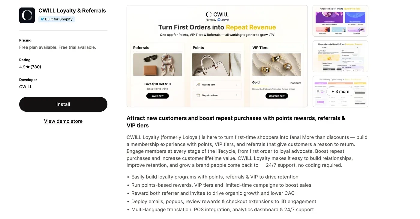 CWILL Loyalty & Referrals app listing on the Shopify App Store, formerly branded as Loloyal