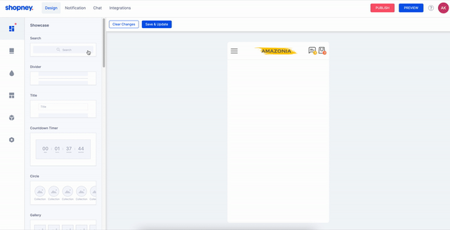 Shopney design editor with the showcase block panel open next to a live mobile app preview