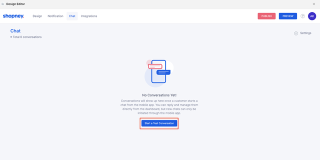Shopney in-app live chat dashboard with no conversations yet and a Start a Test Conversation button