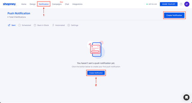 Shopney push notification dashboard before any campaign is sent, with the Create Notification button highlighted