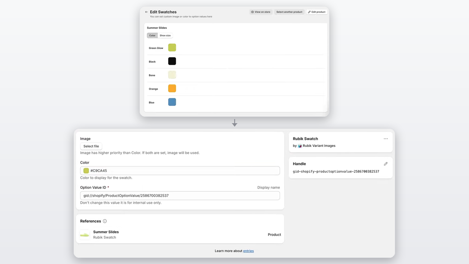Rubik Variant Images Edit Swatches list and the swatch detail editor, showing the hex color code and image fields for one option