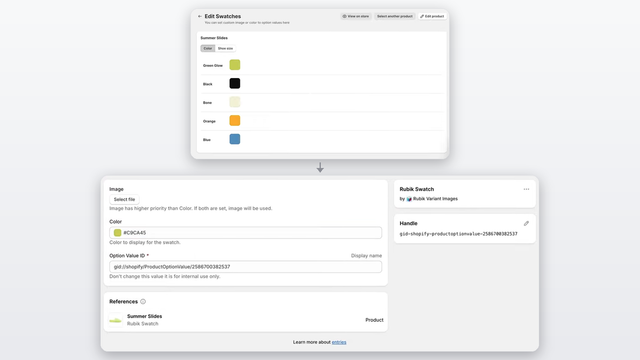 Rubik Variant Images Edit Swatches list and the swatch detail editor, showing the hex color code and image fields for one option