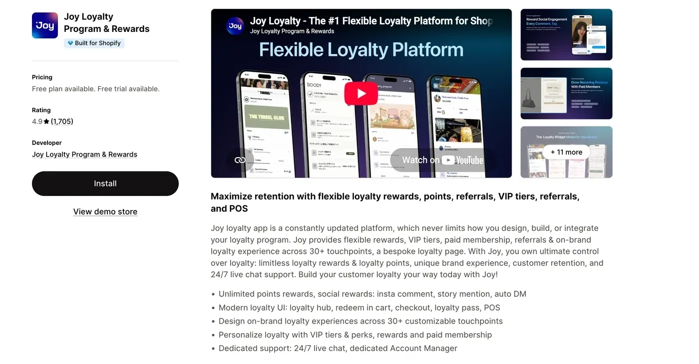 Joy Loyalty Program & Rewards app listing on the Shopify App Store