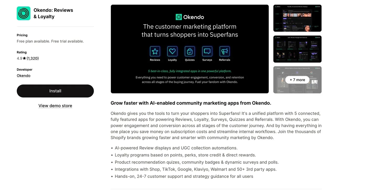 Okendo: Reviews & Loyalty app listing on the Shopify App Store