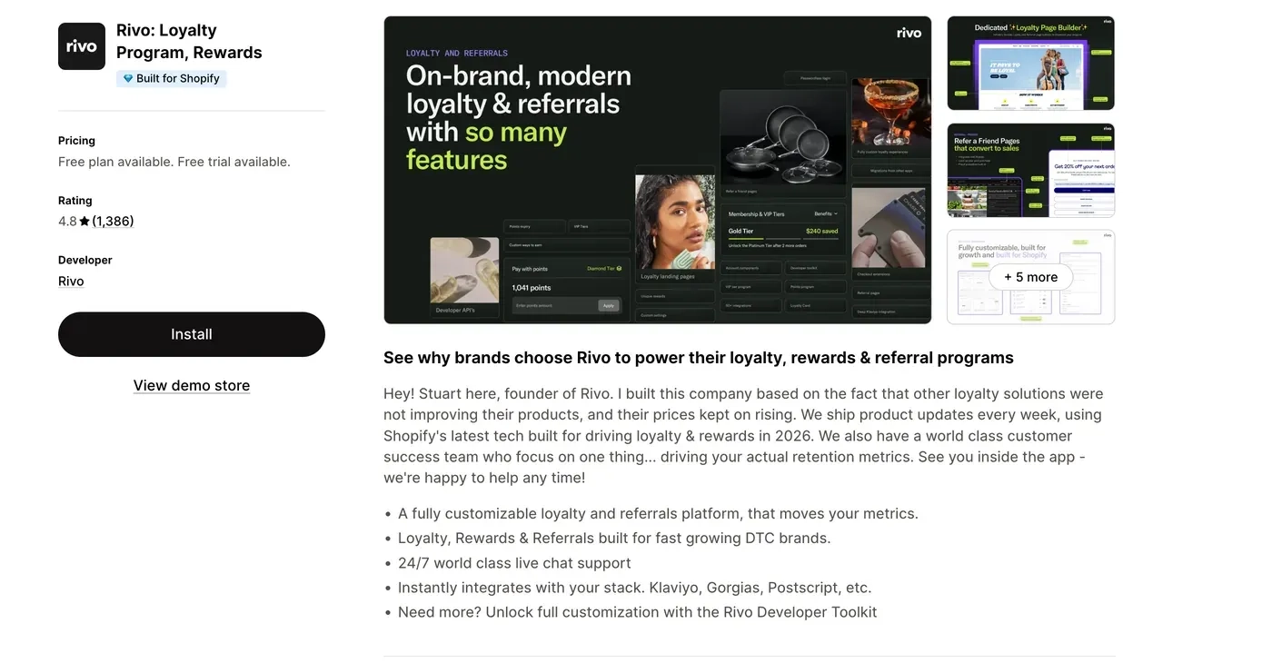 Rivo: Loyalty & Referrals app listing on the Shopify App Store