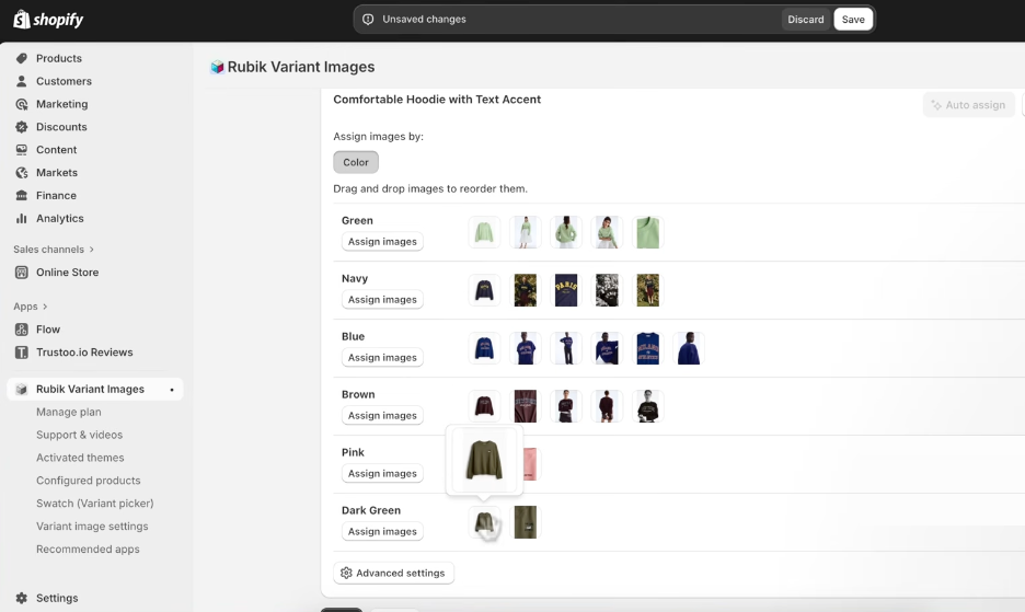 Rubik Variant Images editor showing multiple photos assigned to each color option on a hoodie product, with drag-and-drop reordering in progress