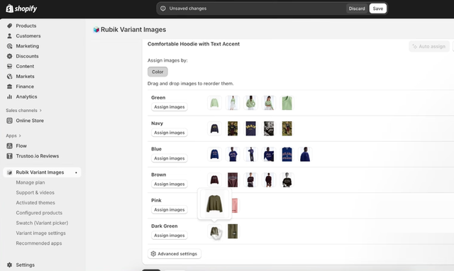 Rubik Variant Images editor showing multiple photos assigned to each color option on a hoodie product, with drag-and-drop reordering in progress