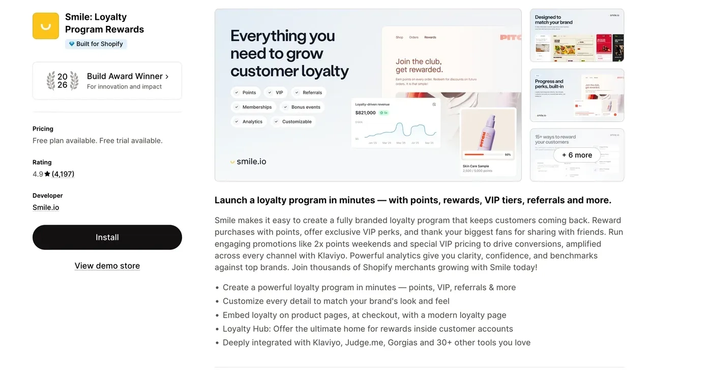 Smile: Loyalty Rewards Program app listing on the Shopify App Store