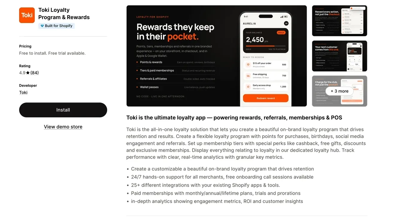 Toki Loyalty Program & Rewards app listing on the Shopify App Store