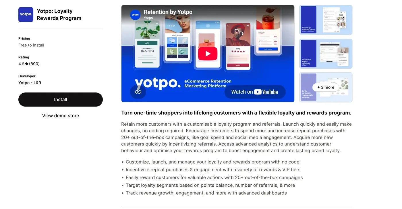 Yotpo Loyalty & Rewards app listing on the Shopify App Store, still hosted under its original Swell Rewards listing