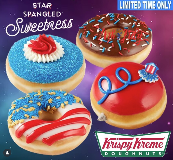 Krispy Kreme Star Spangled Sweetness limited-time doughnuts decorated in red, white and blue for the 4th of July