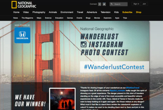 National Geographic Wanderlust Instagram Photo Contest page with the #WanderlustContest hashtag and a winner announcement