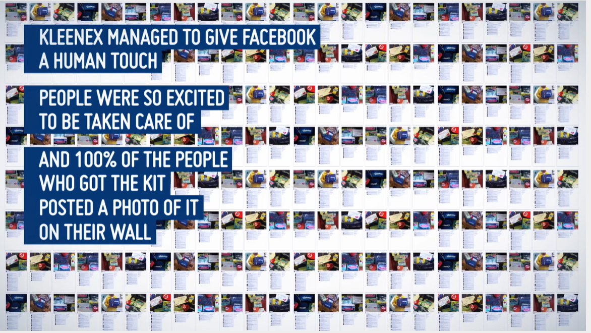 Wall of Facebook posts from Kleenex care-package recipients: 100% of people who got the kit posted a photo of it