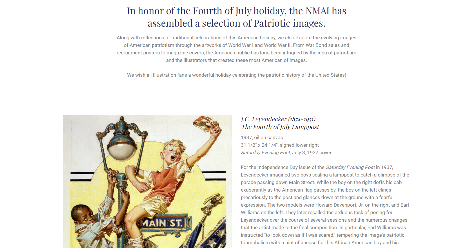 National Museum of American Illustration Fourth of July page featuring Leyendecker's The Fourth of July Lamppost