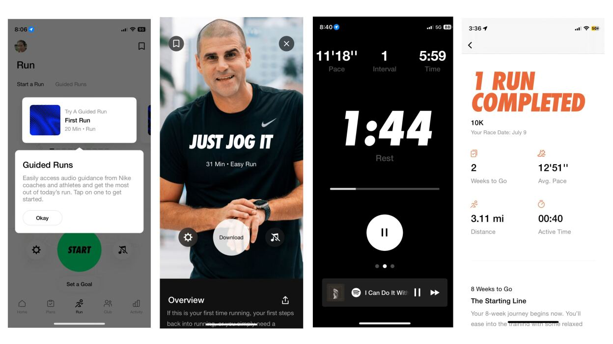 Four Nike Run Club app screens: Guided Runs, a coach-led Just Jog It run, live run timer and a completed-run summary