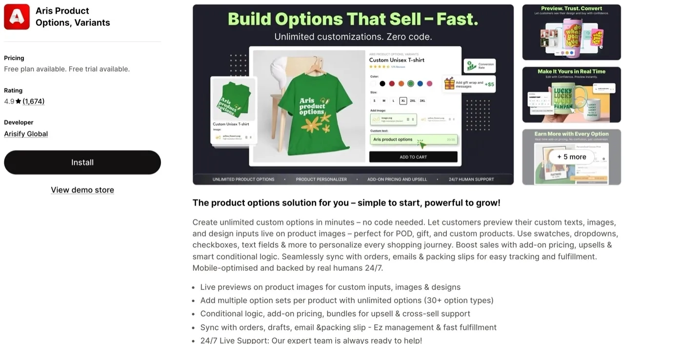 Aris Product Options, Variants