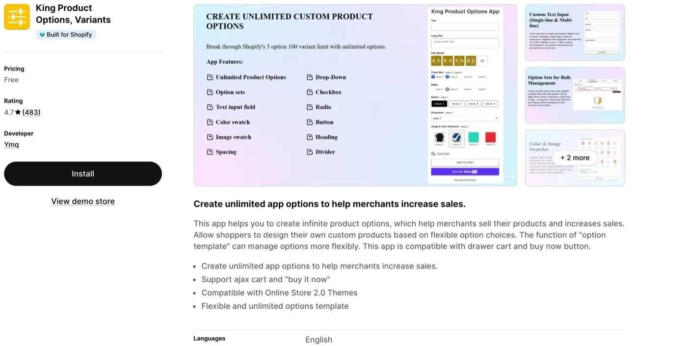 King Product Options, Variants