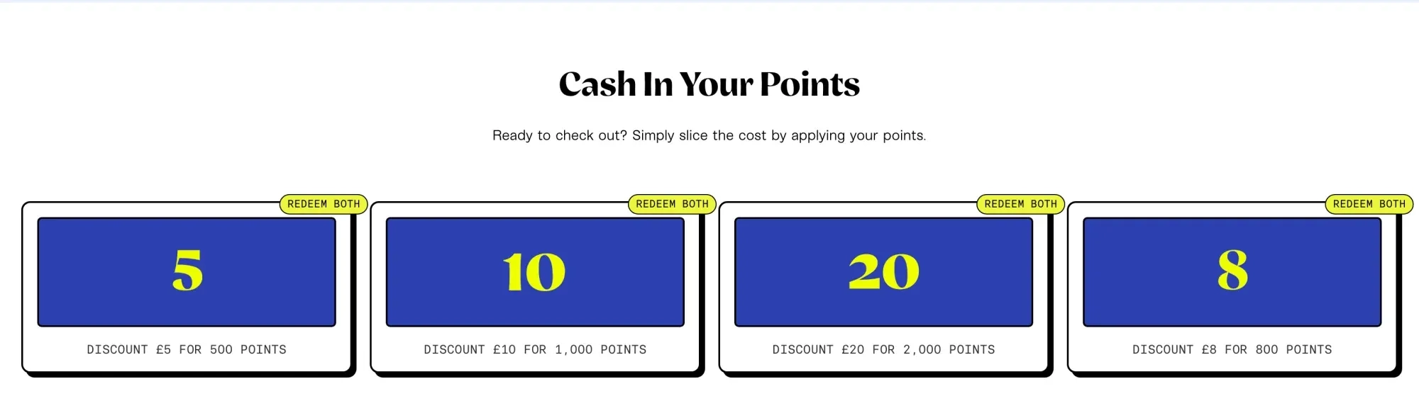 Brewser Rewards redemption cards: £5, £10, £20 and £8 off, in cobalt tiles with yellow numbers and hard black shadows