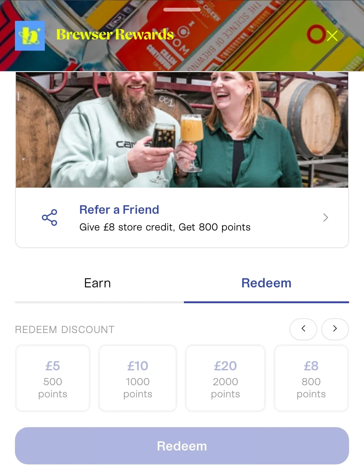 Joy widget on mobile showing Brewser's referral card and the Redeem tab with £5, £10, £20 and £8 rewards