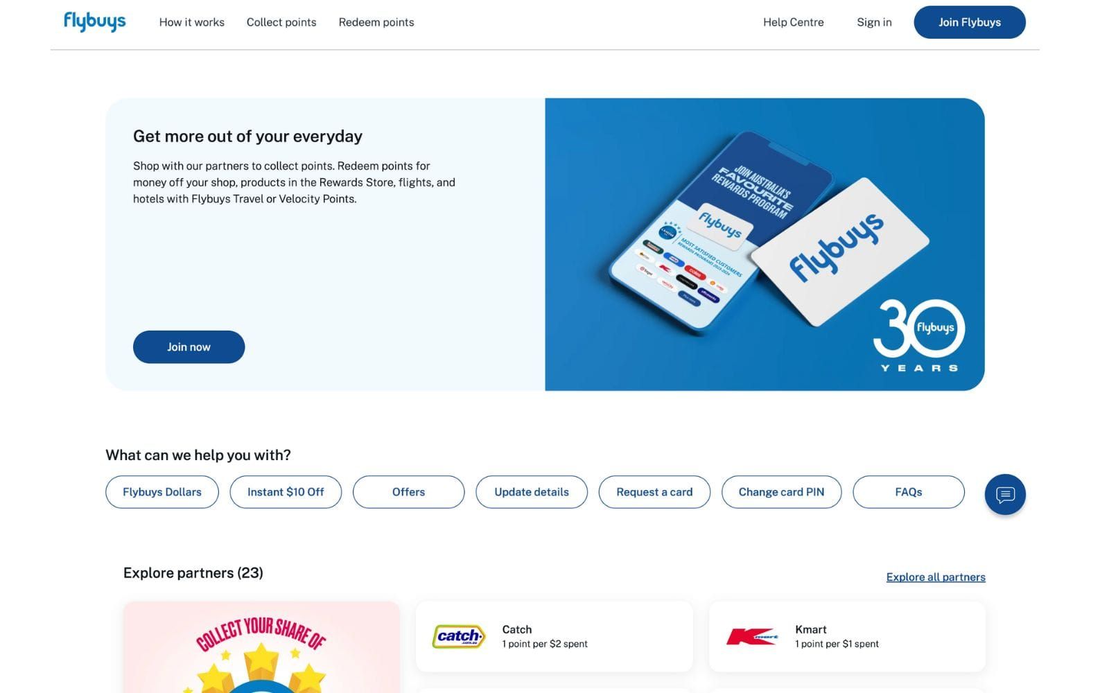 Flybuys homepage: collect points with partners like Catch and Kmart, redeem for money off, flights and hotels
