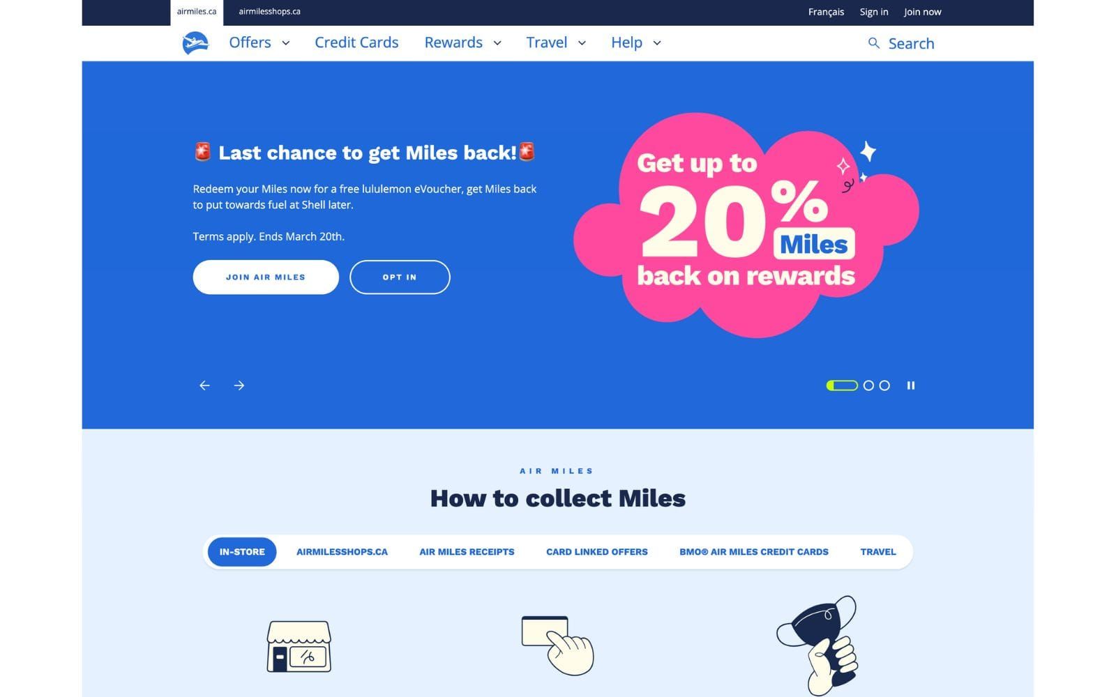 AIR MILES homepage promoting up to 20% Miles back on rewards and ways to collect Miles in-store, online and by card